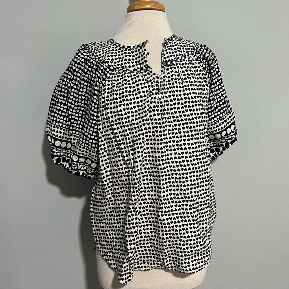 NEW NWT LOFT Navy Blue White Hearts Comfy Blouse Top Size L